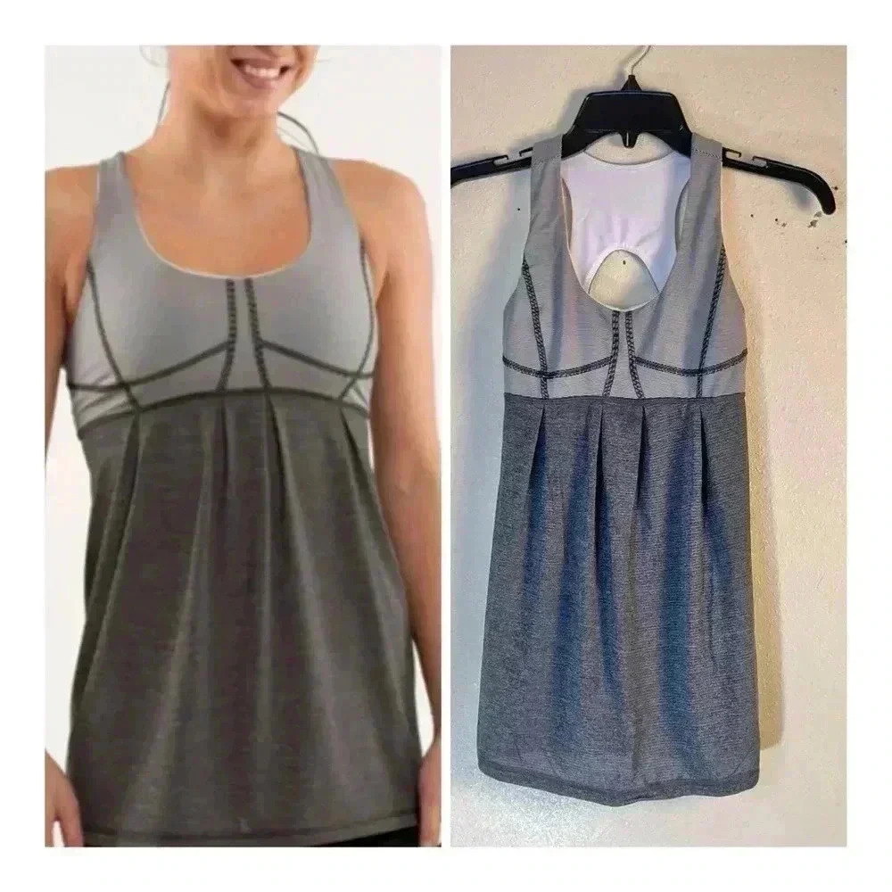 Lululemon Size 4 Run Your Heart Out Tank Gray Black White Back Stripe Built Bra